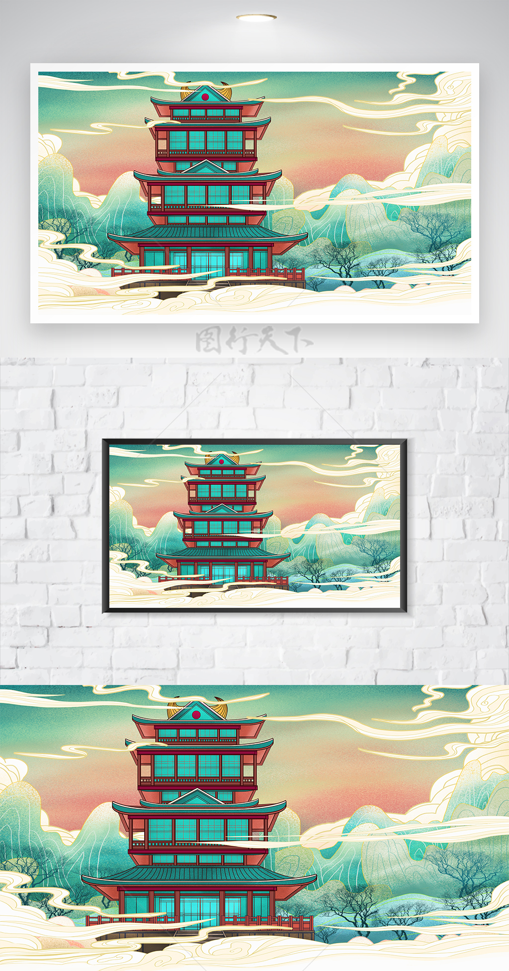 中国风古风国潮城市地标建筑插画