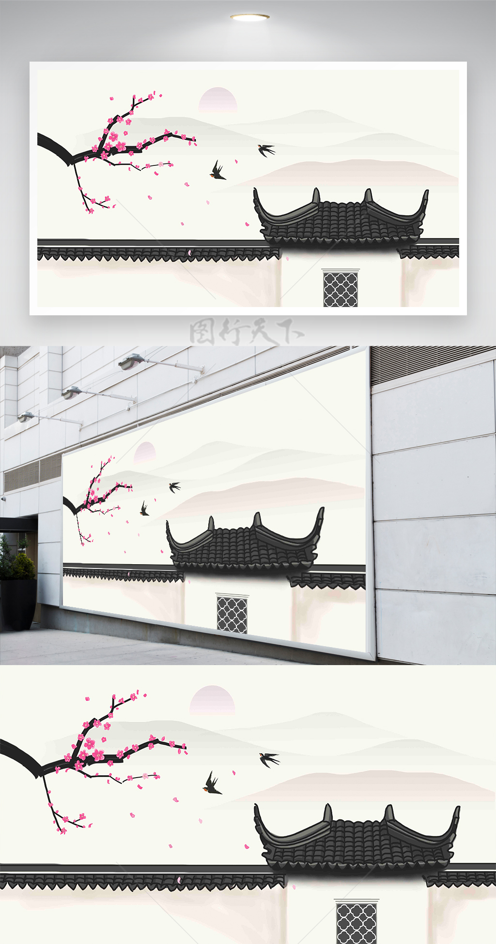中式建筑插画背景  